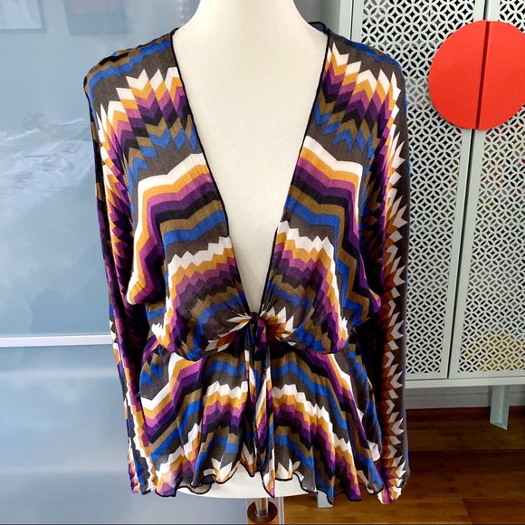 For Love & Lemons Chevron Tie Front Keyhole Blouse - Picture 3 of 7